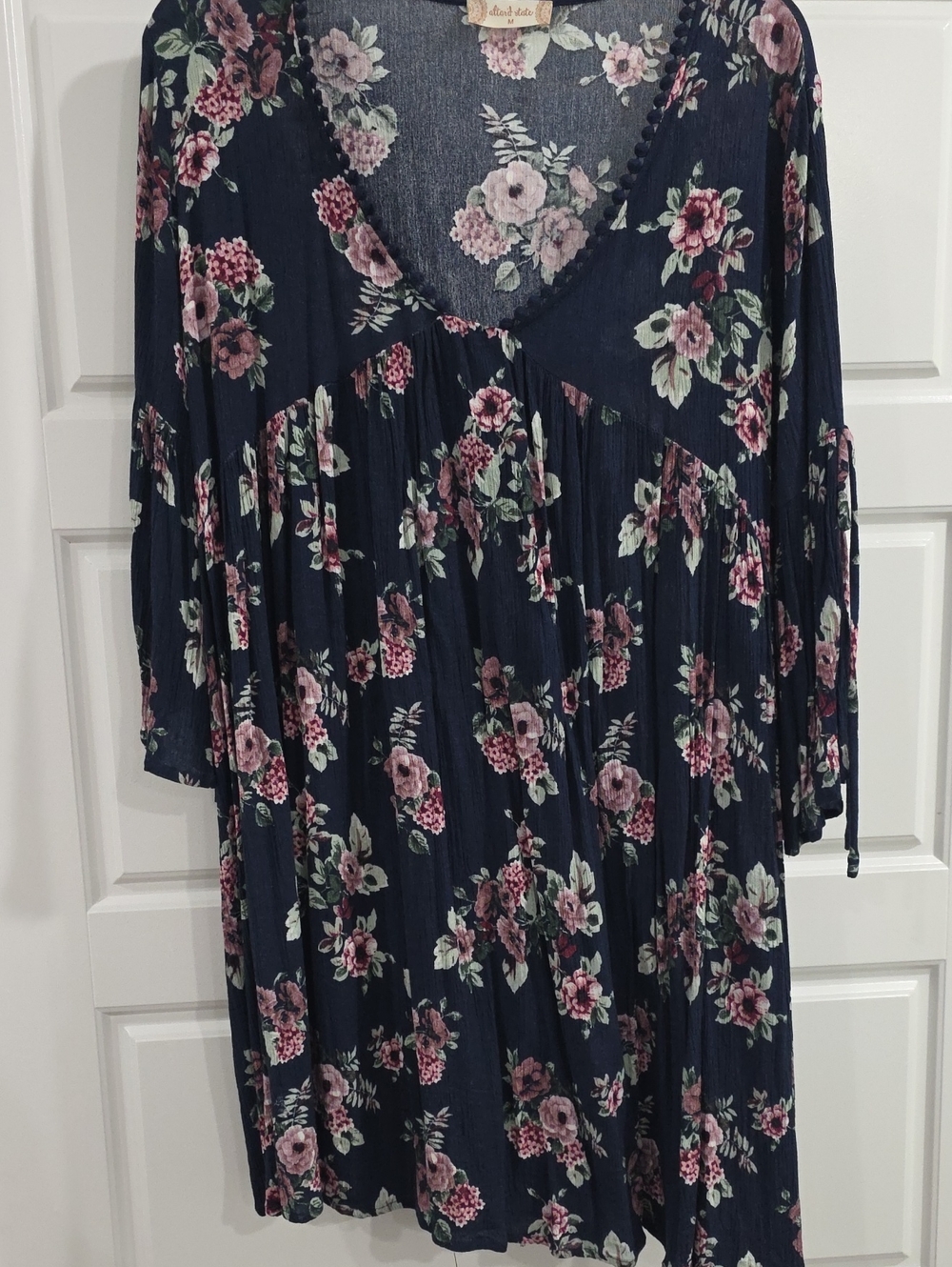 Altar'd State Navy Floral Midi Dress with Pink and Green Blooms